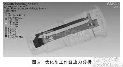 圖5 優化前工作缸應力分析